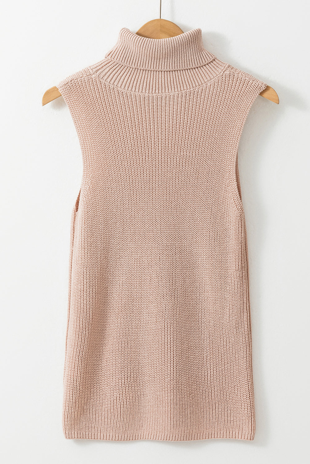 Oatmeal solid color turtleneck sleeveless knit tank top with high elasticity and classic fit