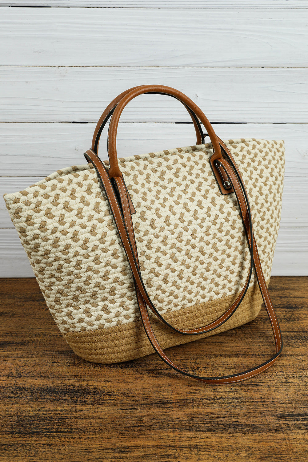 Beige single shoulder bag with contrast woven design and PU leather handles, compact size 28x10x26cm