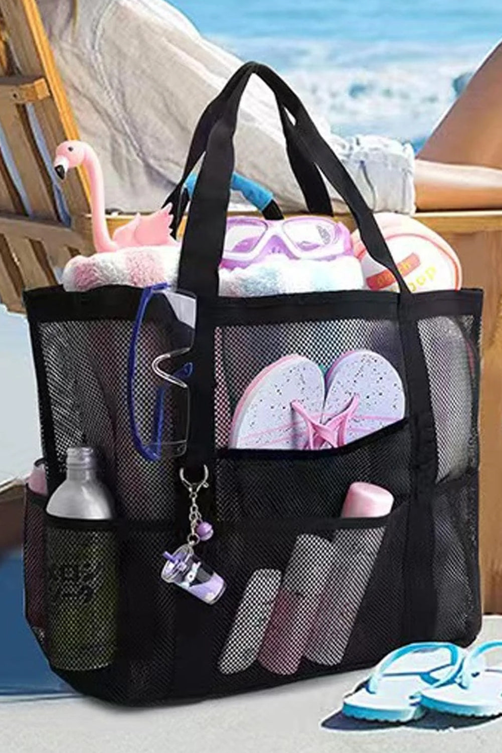 Black multi-pocket large mesh tote bag with sturdy handles for beach essentials