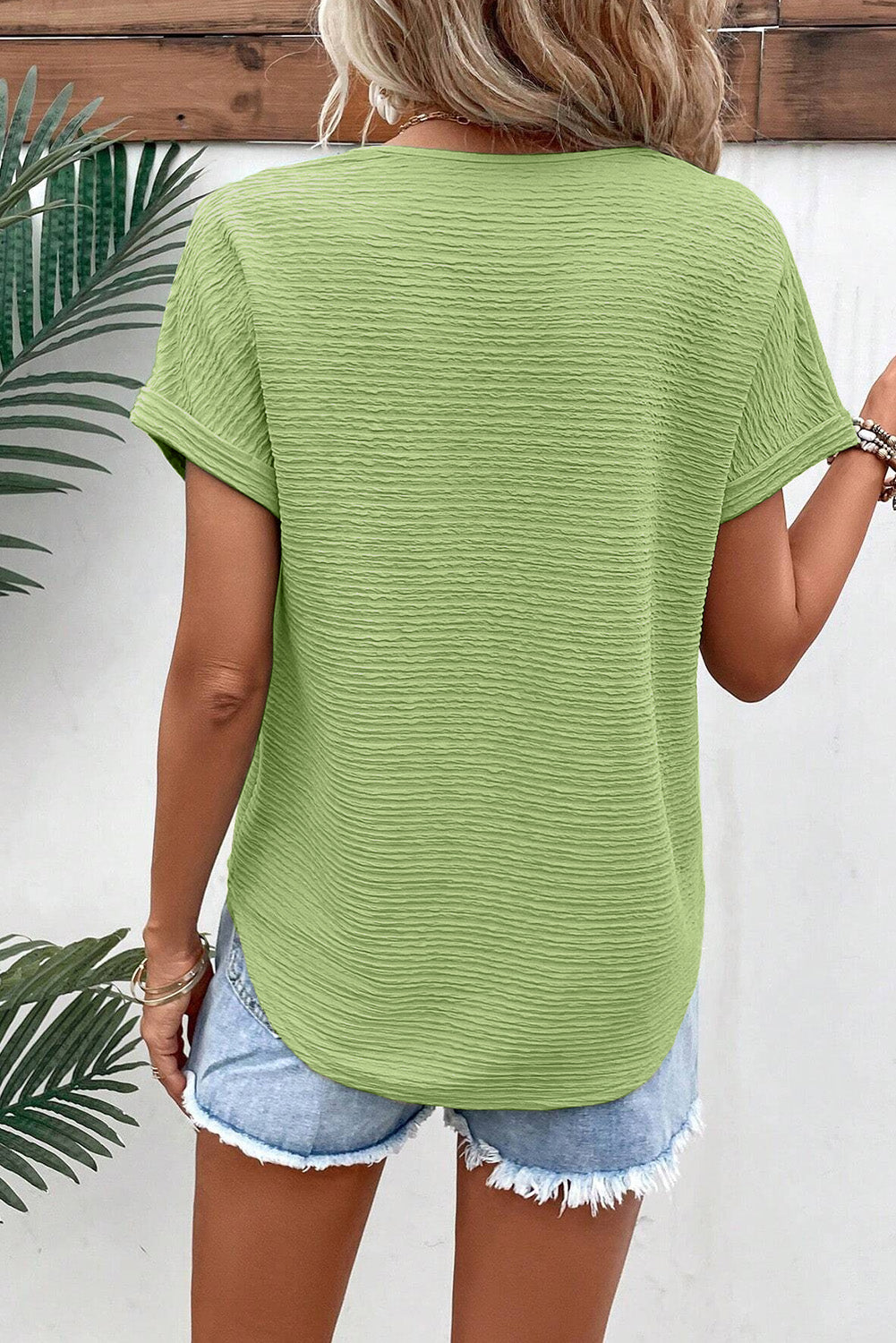 Beau Blue textured V neck t-shirt with wide sleeves and relaxed fit