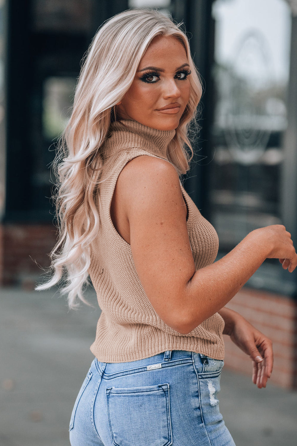 Oatmeal solid color turtleneck knit tank top with sleeveless design and high elasticity