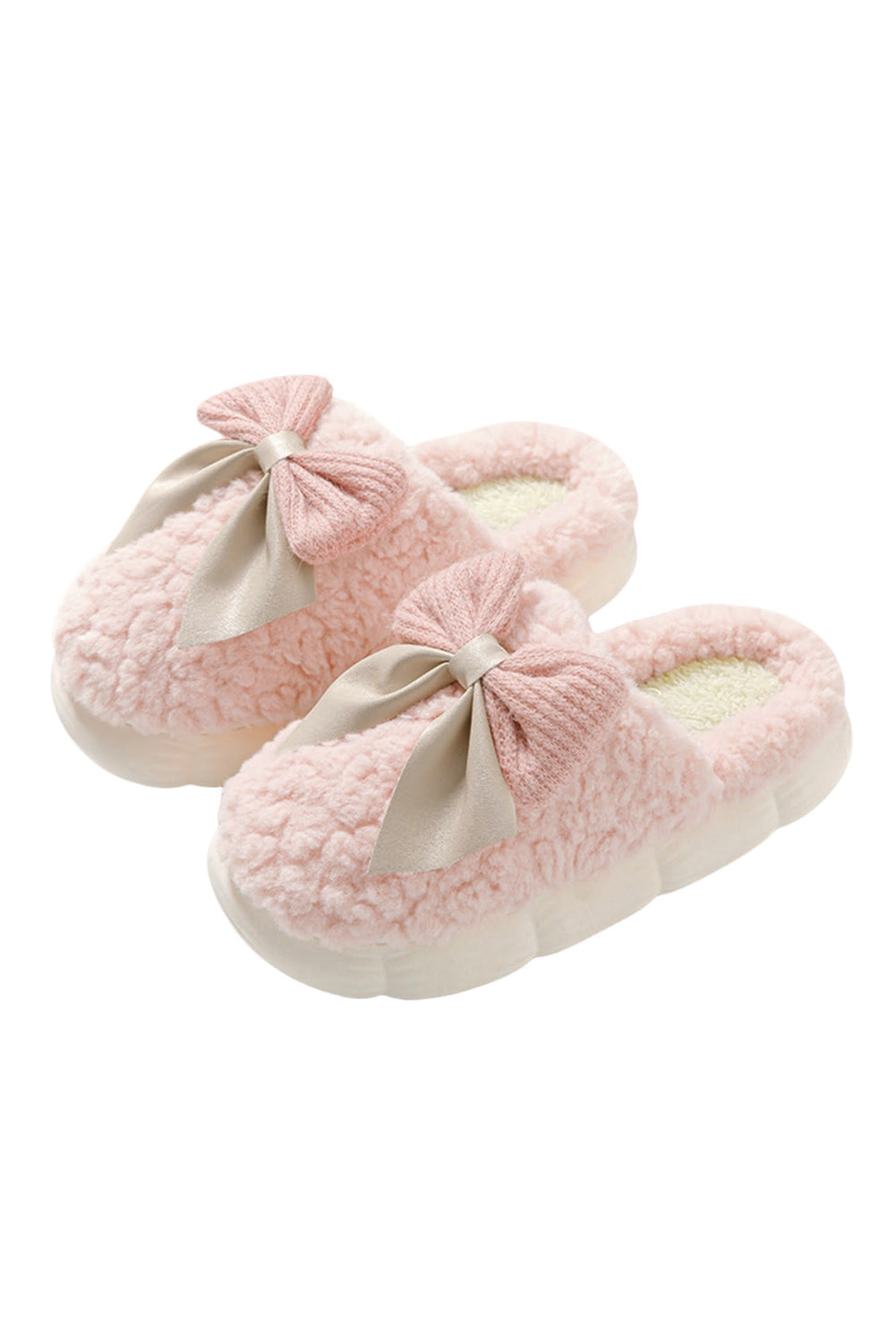 Cozy camel winter slippers with contrast bowknot and plush thick sole