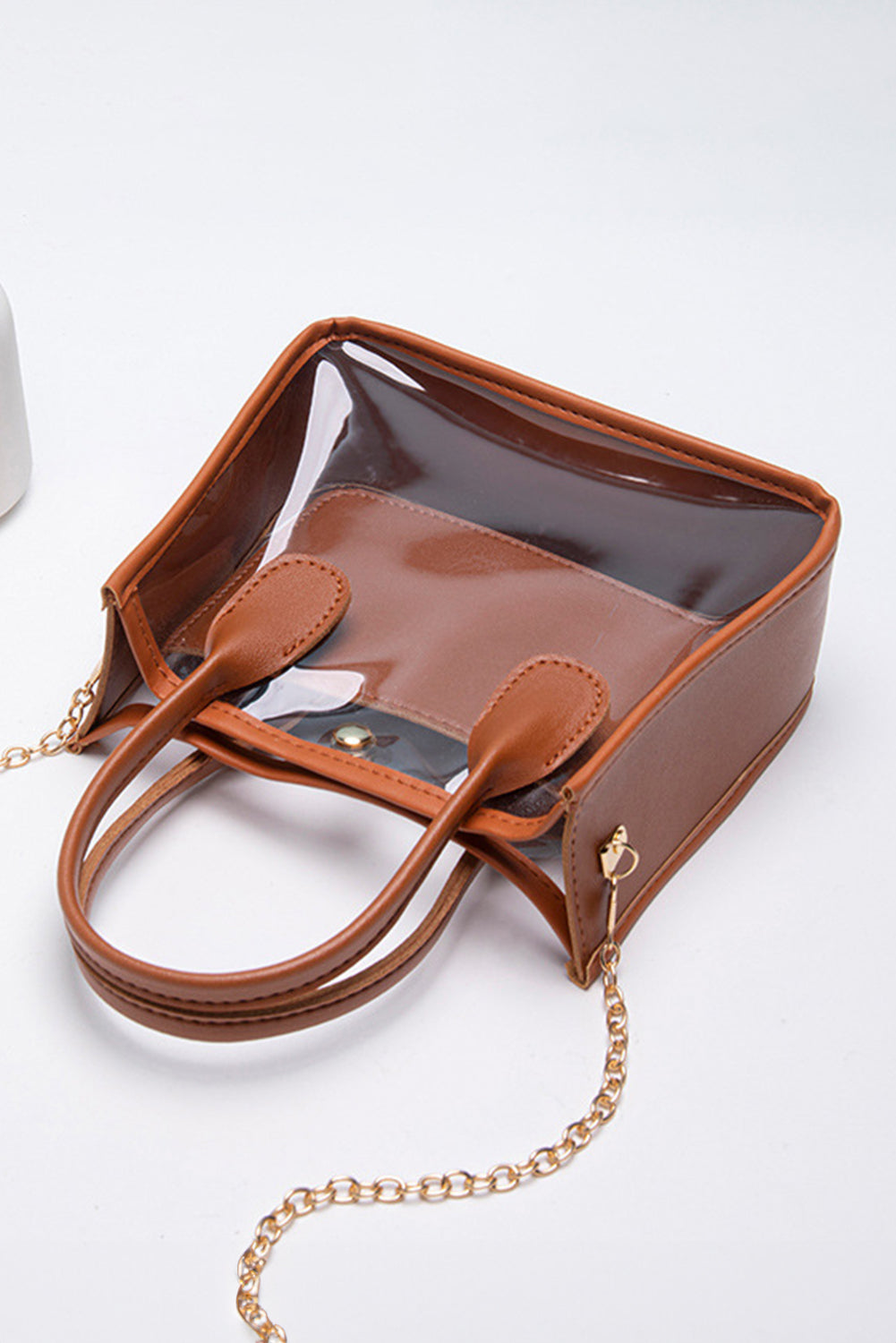Chestnut PVC PU leather patchwork transparent shoulder bag with chain strap and spacious design
