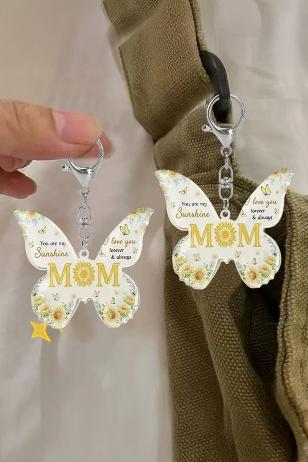 Yellow MOM butterfly shape acrylic keychain with stylish design and durable material