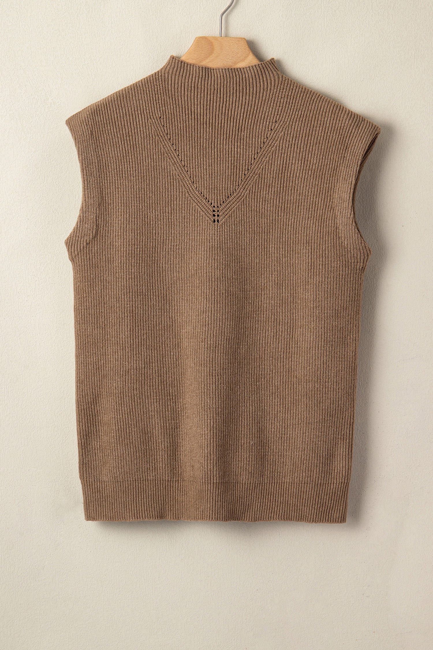 Light French Beige ribbed knit sleeveless mock neck sweater vest