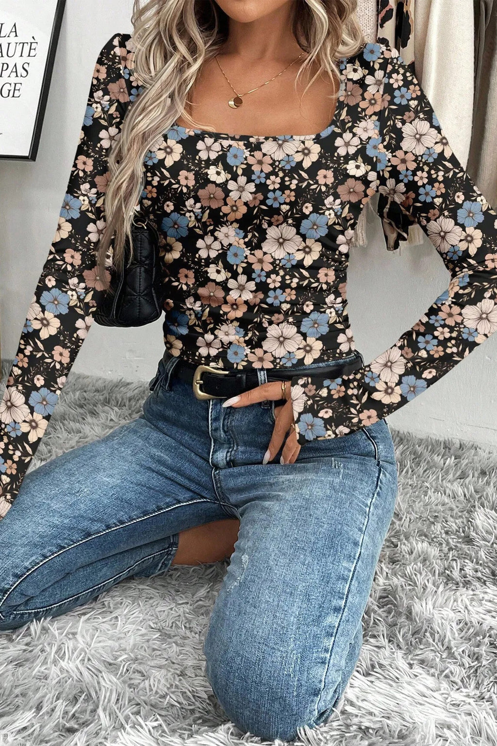 Black floral print slim long sleeve t-shirt with square neckline and trendy design