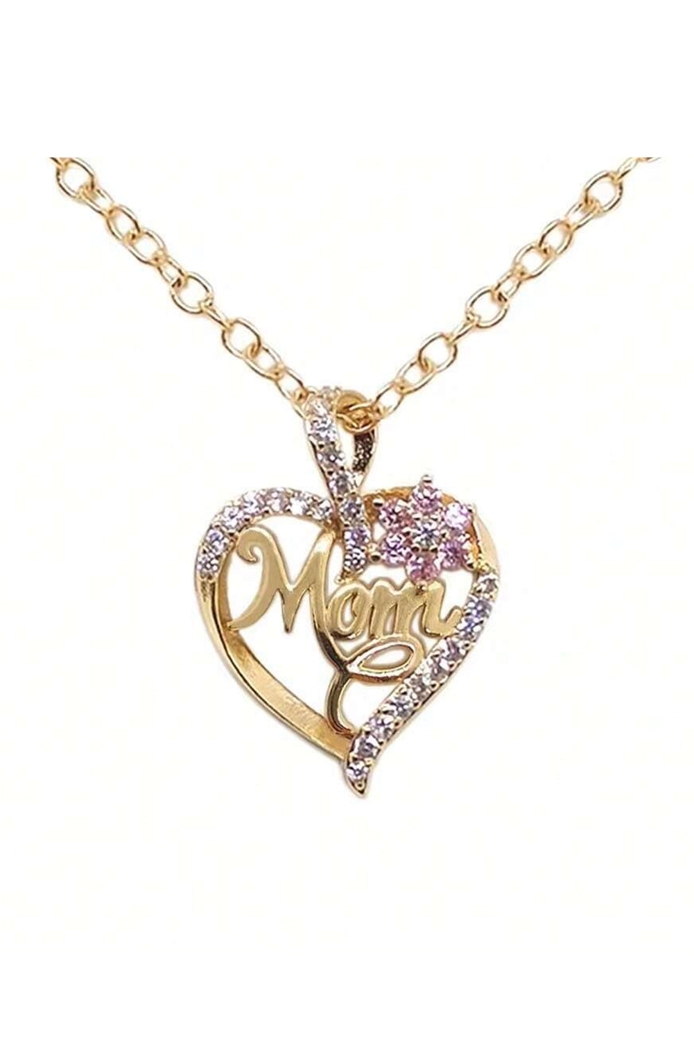 Gold Mom Rhinestone necklace with flower and hollow heart design