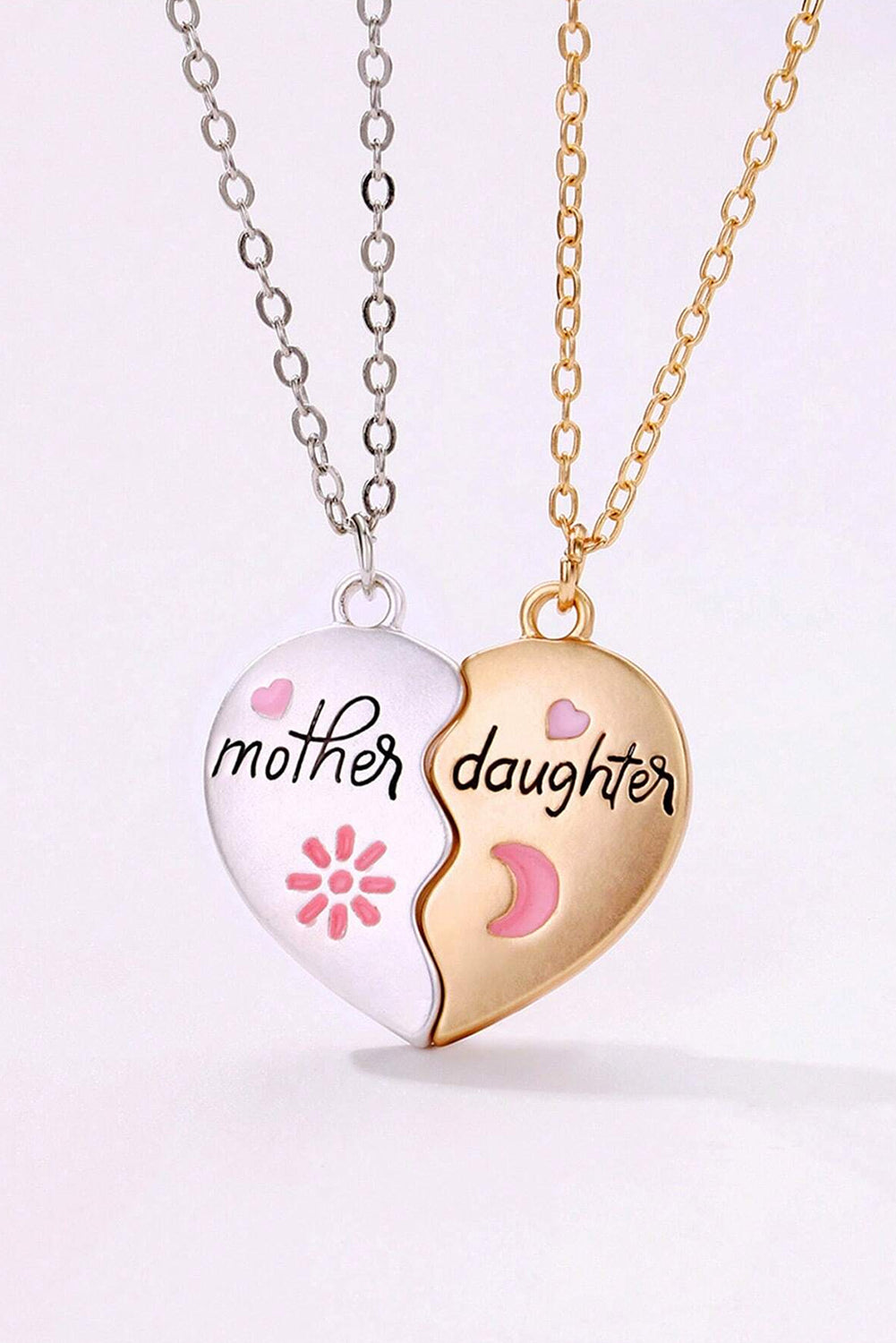 White mother and daughter magnetic heart necklace set with adjustable chains and durable alloy material