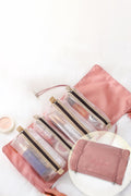 Pink Leegoo detachable 4-in-1 foldable makeup bag with stylish embroidered design and customizable compartments