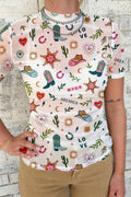 White sheer mesh top with Western print cowboy boots, stars, and cactus designs