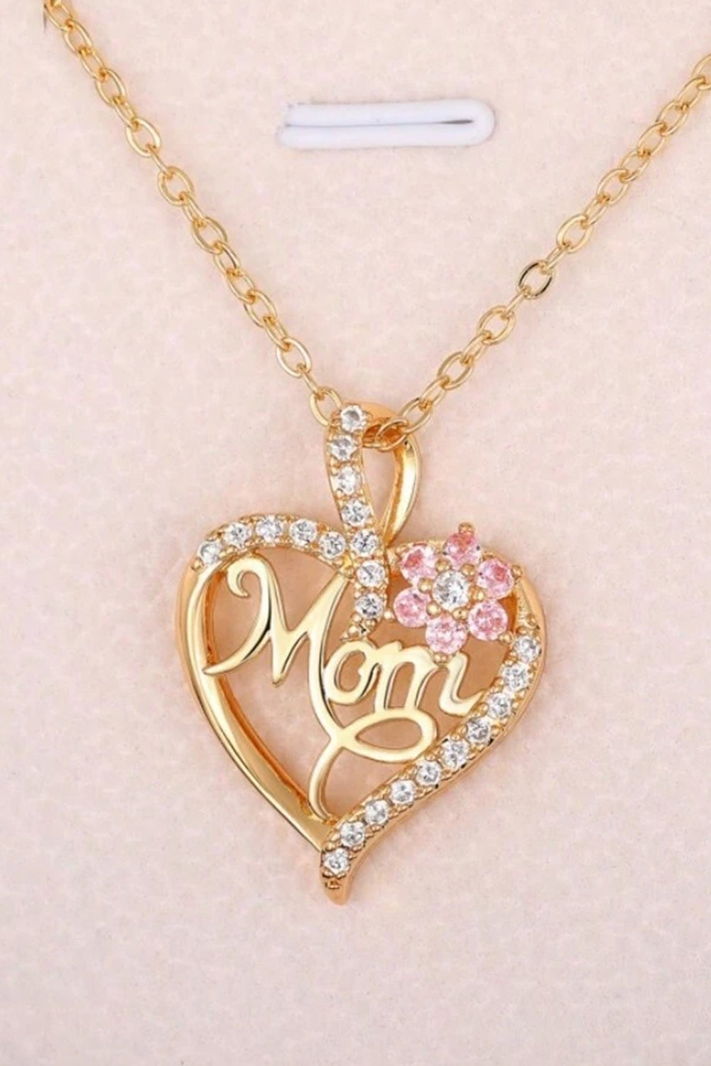 Gold Mom rhinestone necklace with flower and hollow-out heart design on alloy chain