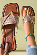 Gold glitter band square toe PU leather flat slippers with glitter detail and flat sole