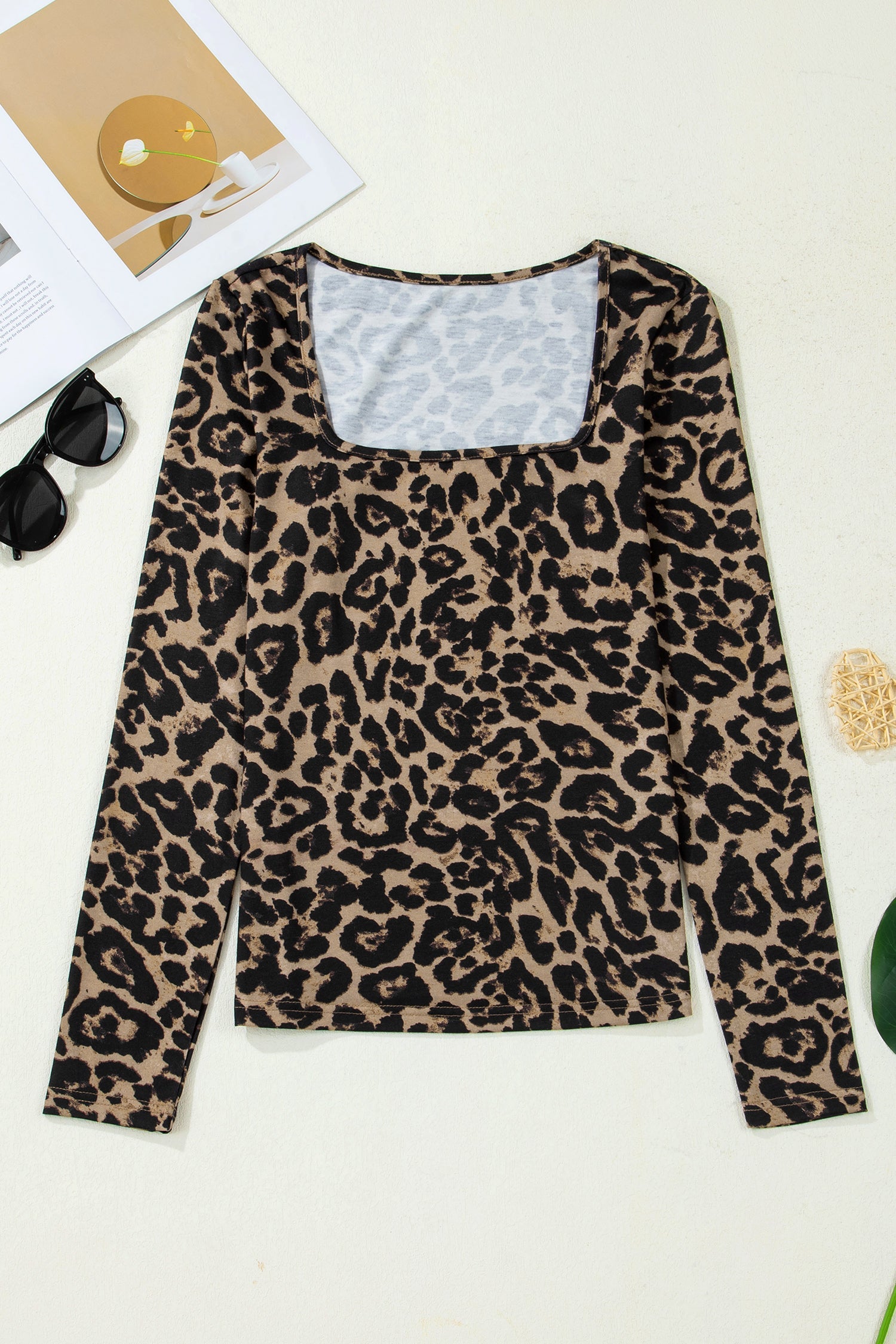 Black floral print slim long sleeve T-shirt with square neckline and trendy design