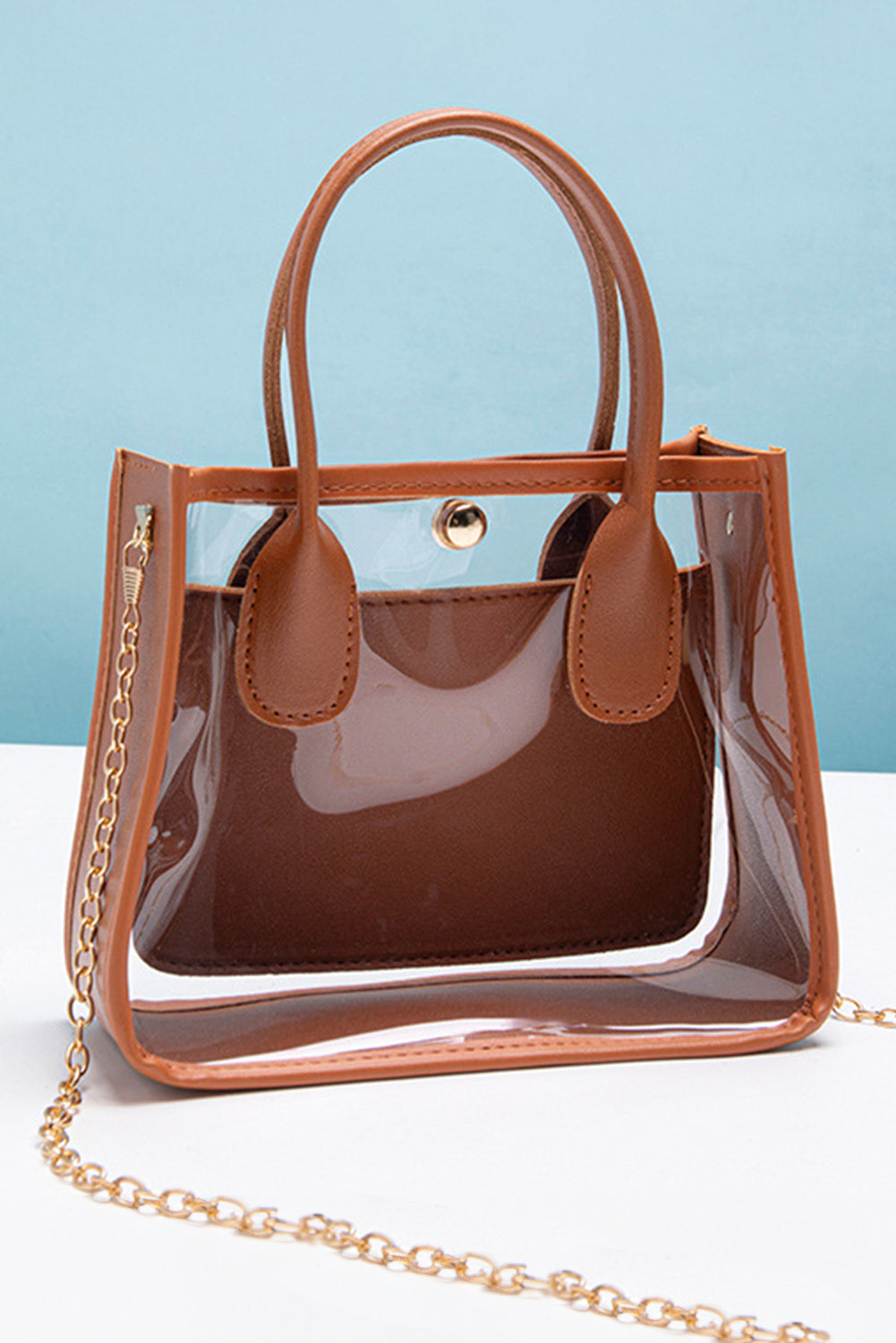Chestnut PVC PU leather patchwork transparent shoulder bag with chain strap and spacious design