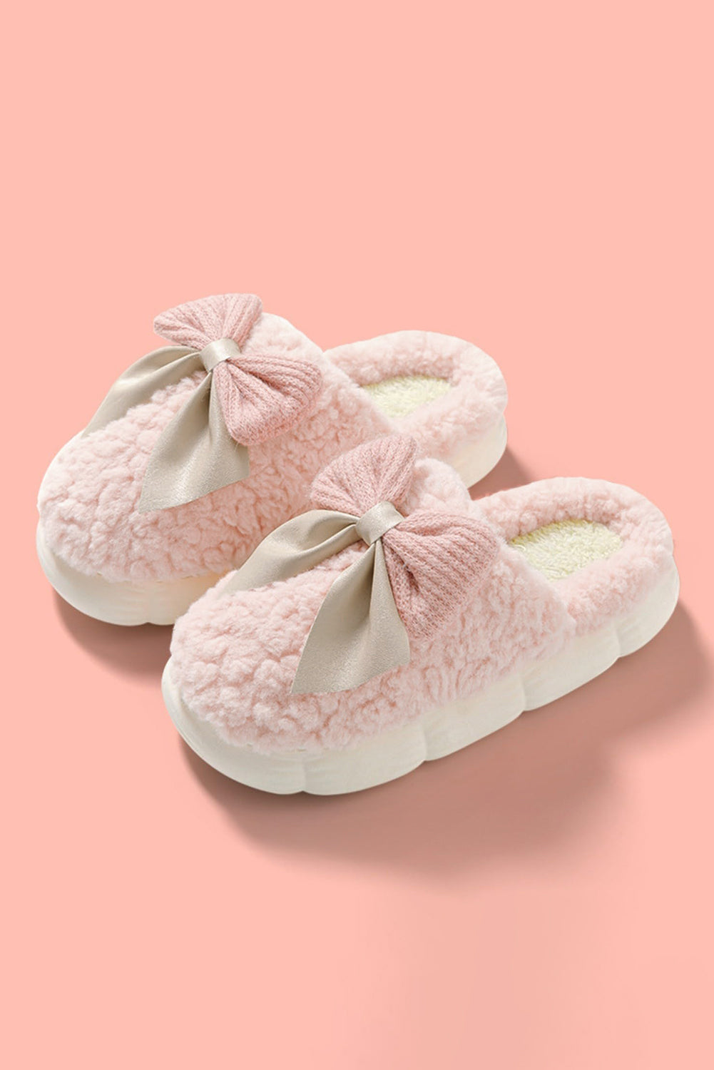 Camel contrast bowknot plush winter slippers with thick sole and cozy design