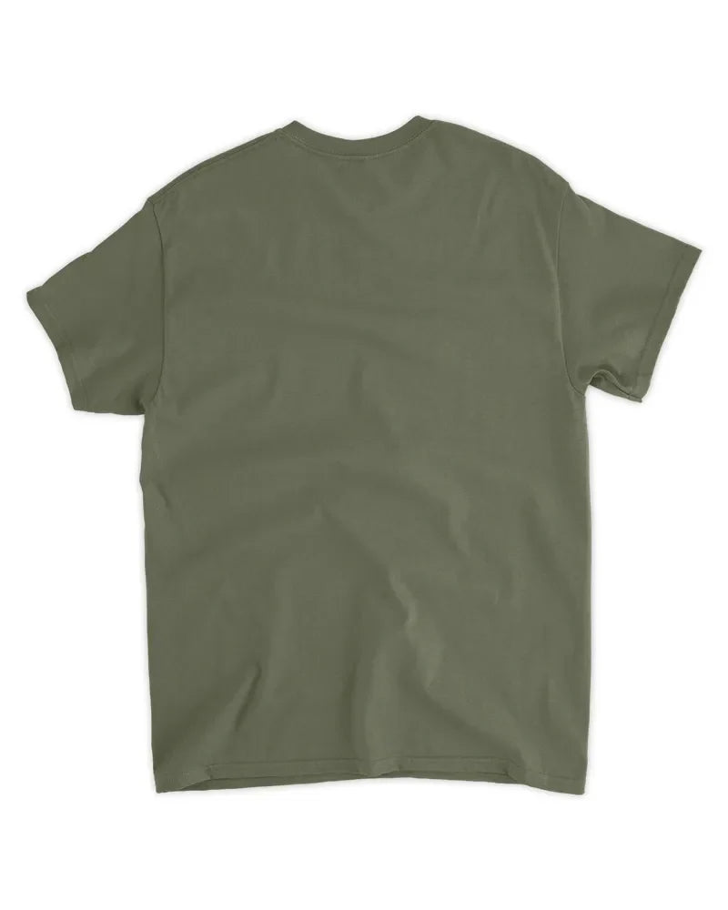 Unisex standard t-shirt in olive green with seamless collar, cotton blend fabric, and twin needle hems