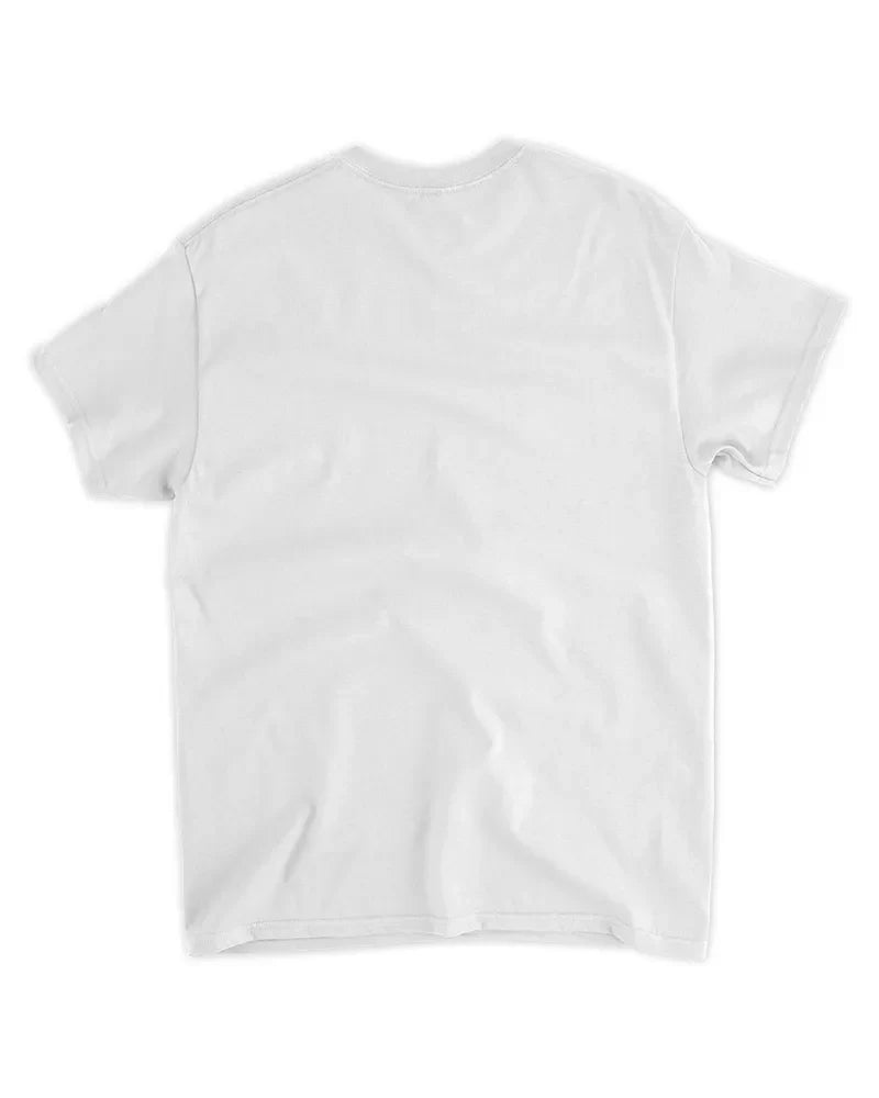 Back view of a plain white unisex standard t-shirt made of preshrunk cotton with seamless collar and taped shoulders