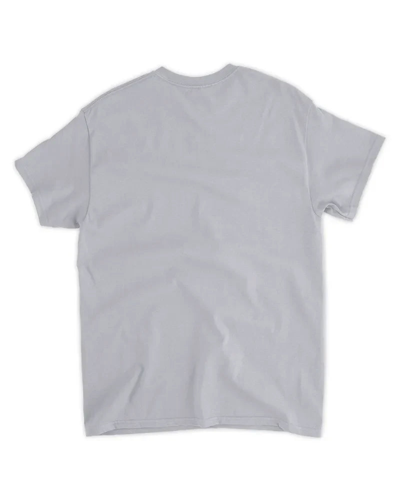 back view of light grey unisex standard t-shirt with seamless collar and taped shoulders