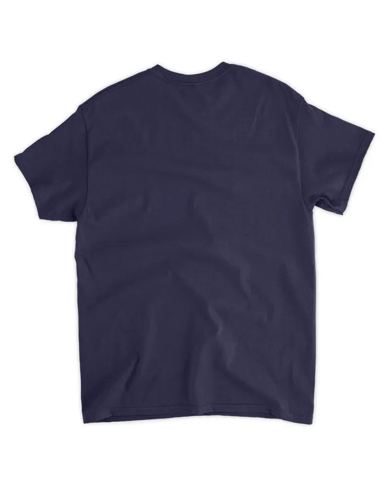 Unisex standard t-shirt in navy blue, 100% preshrunk cotton with seamless collar and taped shoulders