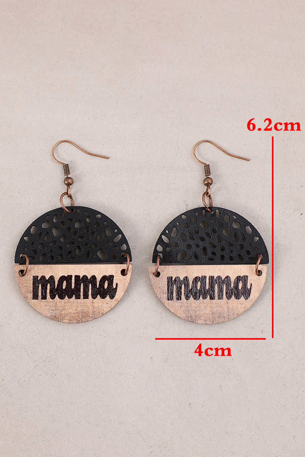 Black vintage mama pendant leather and wooden earrings with round shape and retro style
