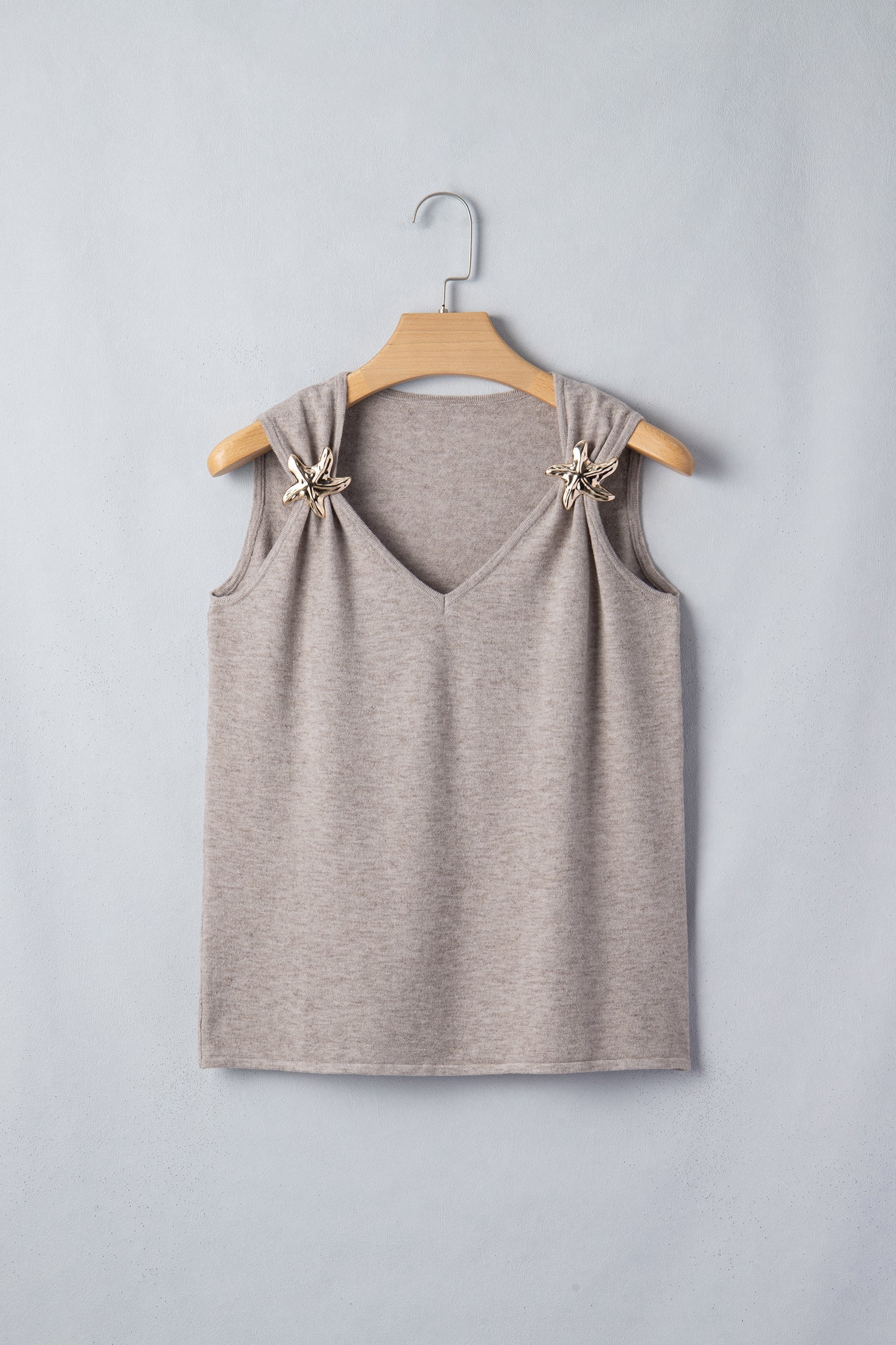 Gray Morn sleeveless knit tank top with metallic star detail and V-neck design