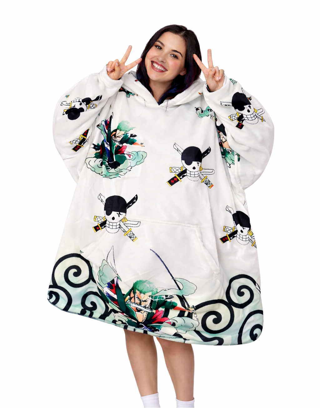 Zoro One Piece wearable Sherpa blanket hoodie for kids and adults in green and black design