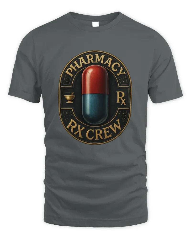 Unisex standard t-shirt in dark grey with pharmacy RX crew graphic print, made from preshrunk cotton blend