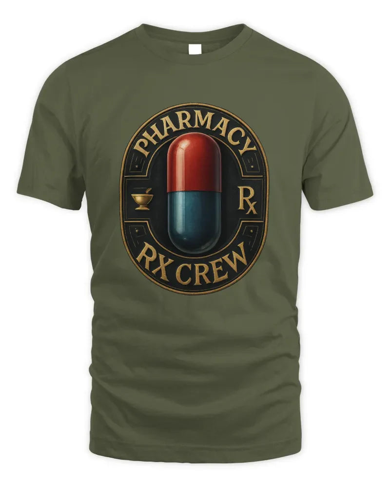 Unisex standard t-shirt in olive green with pharmacy RX crew graphic design