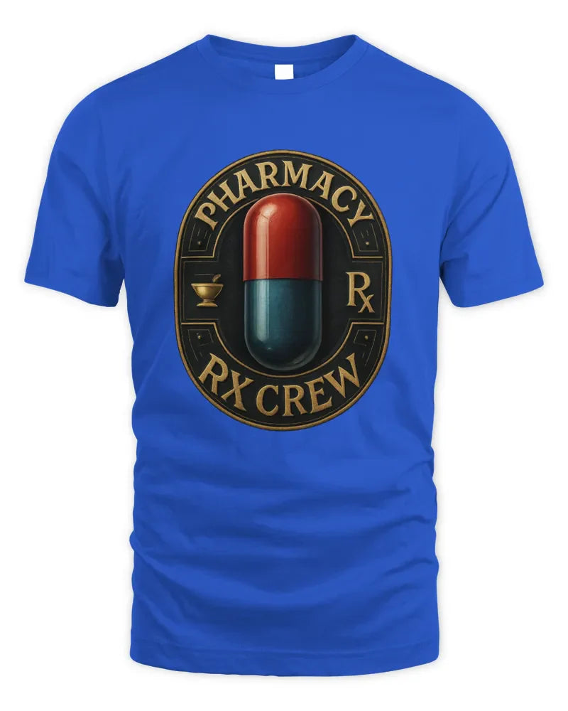 Blue unisex standard t-shirt with pharmacy RX crew pill design in 100% cotton blend