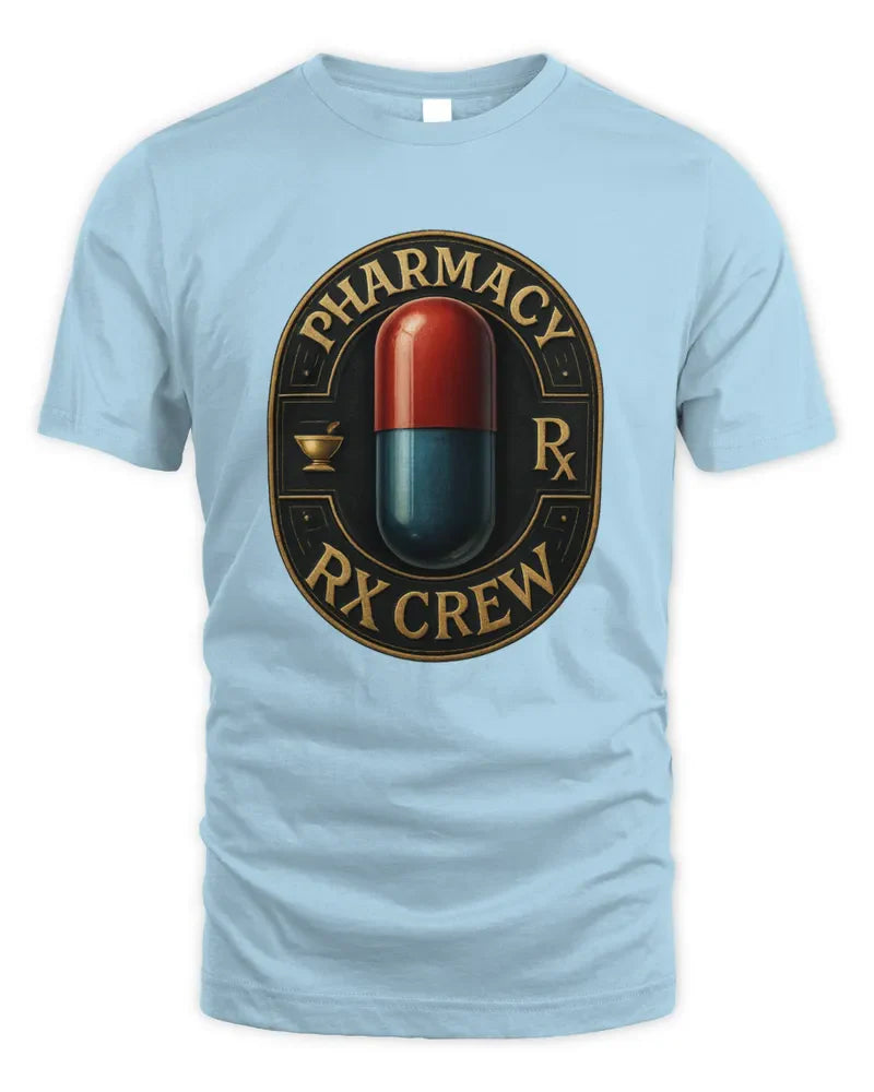 Unisex standard t-shirt in light blue with Pharmacy RX Crew pill graphic, 100% cotton blend and comfortable fit
