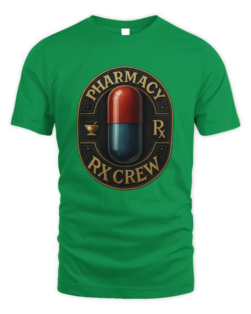 Green unisex standard t-shirt with pharmacy RX crew capsule design