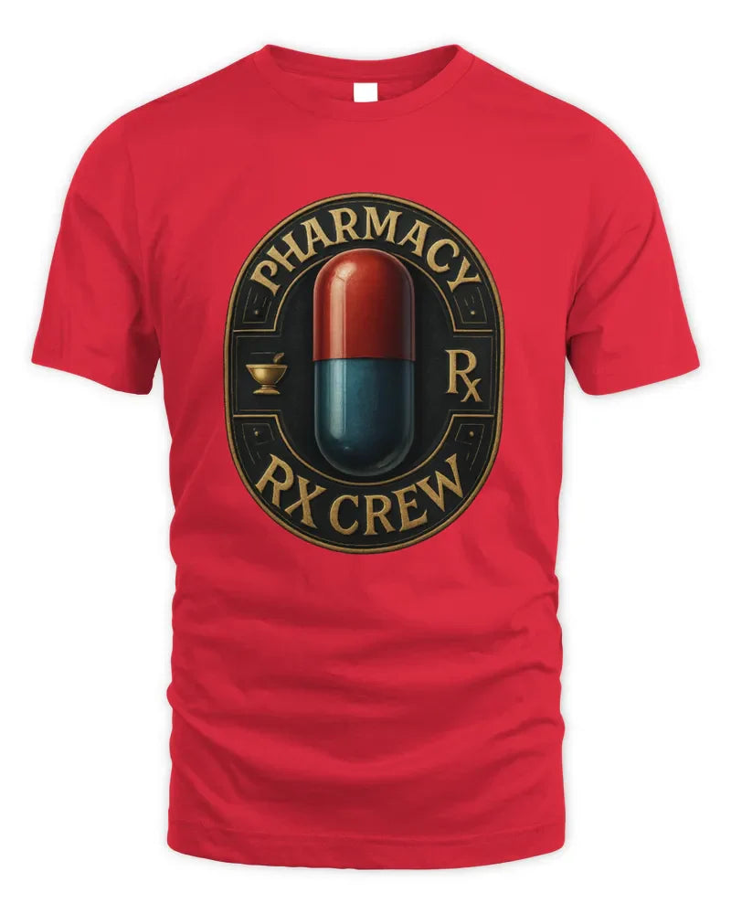 Unisex standard t-shirt in red with pharmacy RX crew graphic, 100% cotton preshrunk fabric