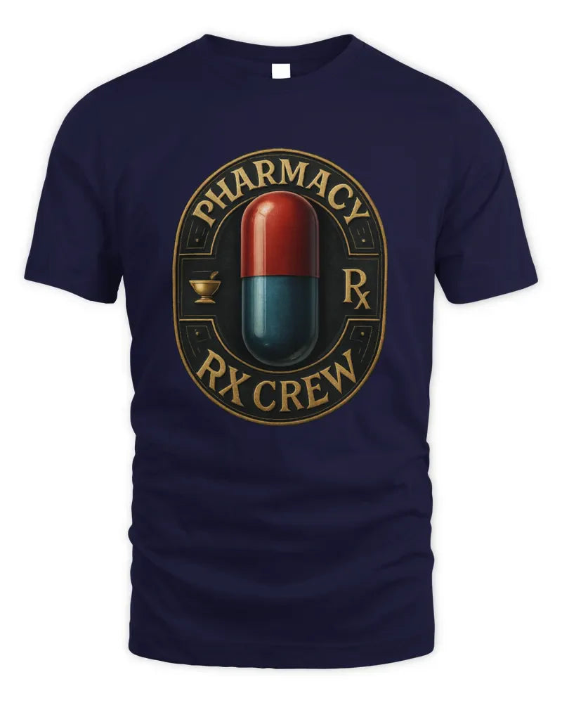 Unisex standard t-shirt in navy with pharmacy RX crew capsule graphic, 100% cotton preshrunk fabric, seamless collar, and twin needle hems