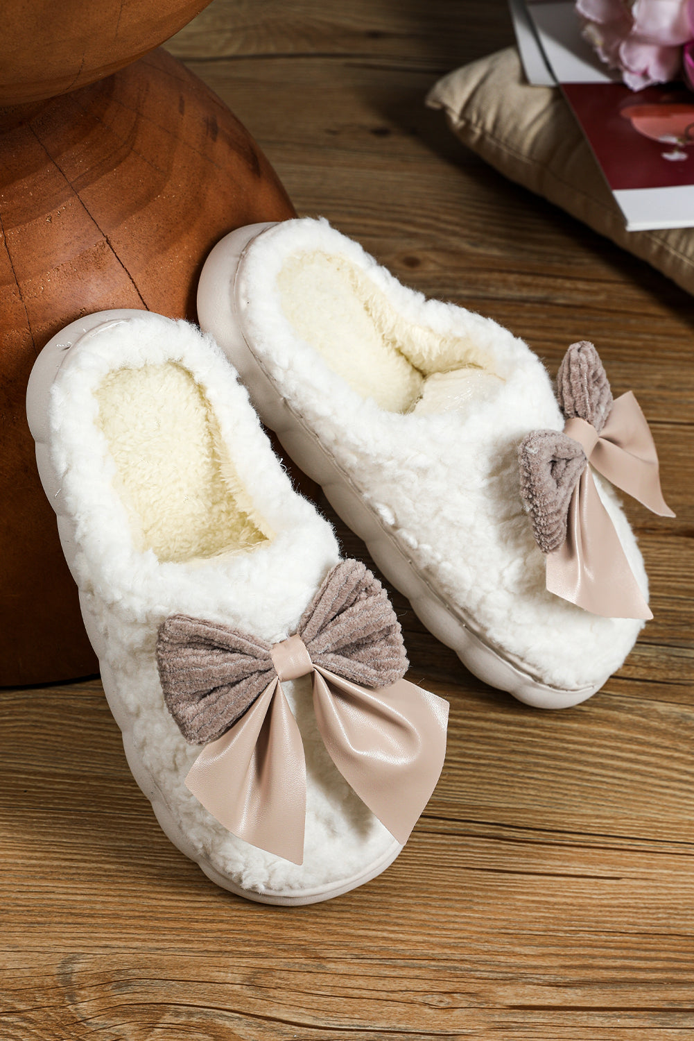 Camel contrast bowknot plush winter slippers with thick sole and soft cozy material