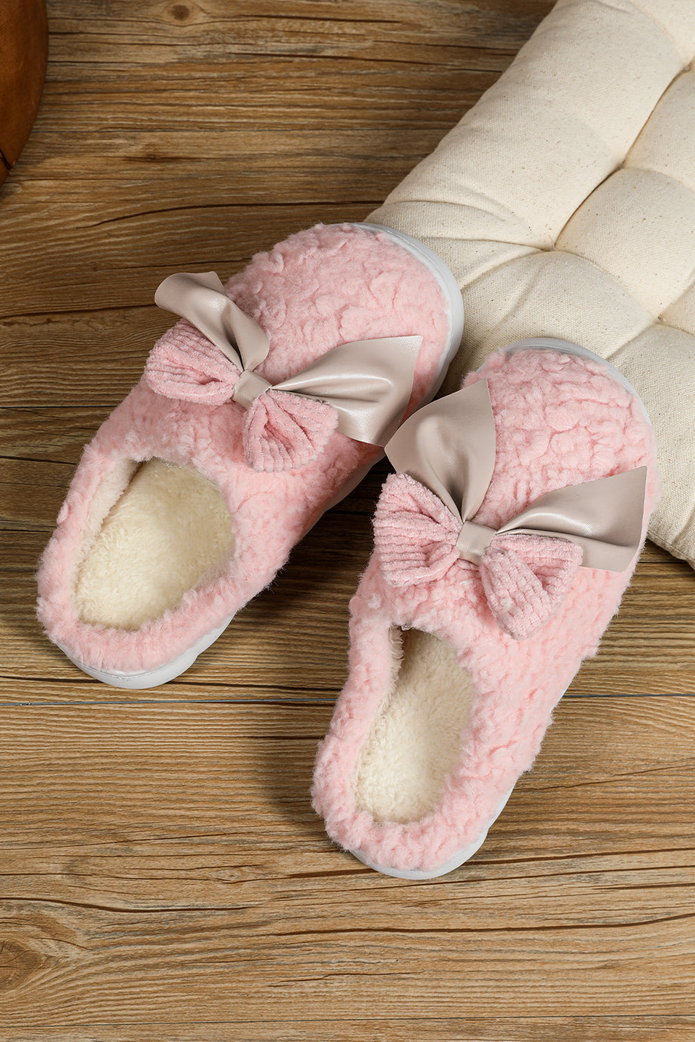 Camel contrast bowknot plush winter slippers with thick sole and soft cozy material