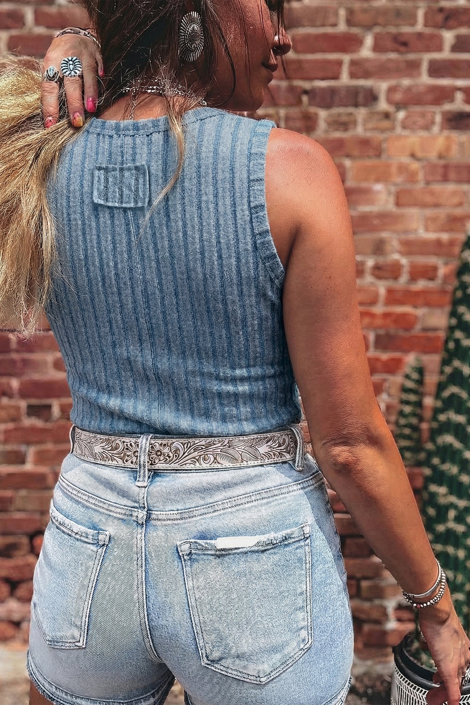 Beau Blue Slim ribbed mineral wash tank top with breathable stretchy fabric and round neck design