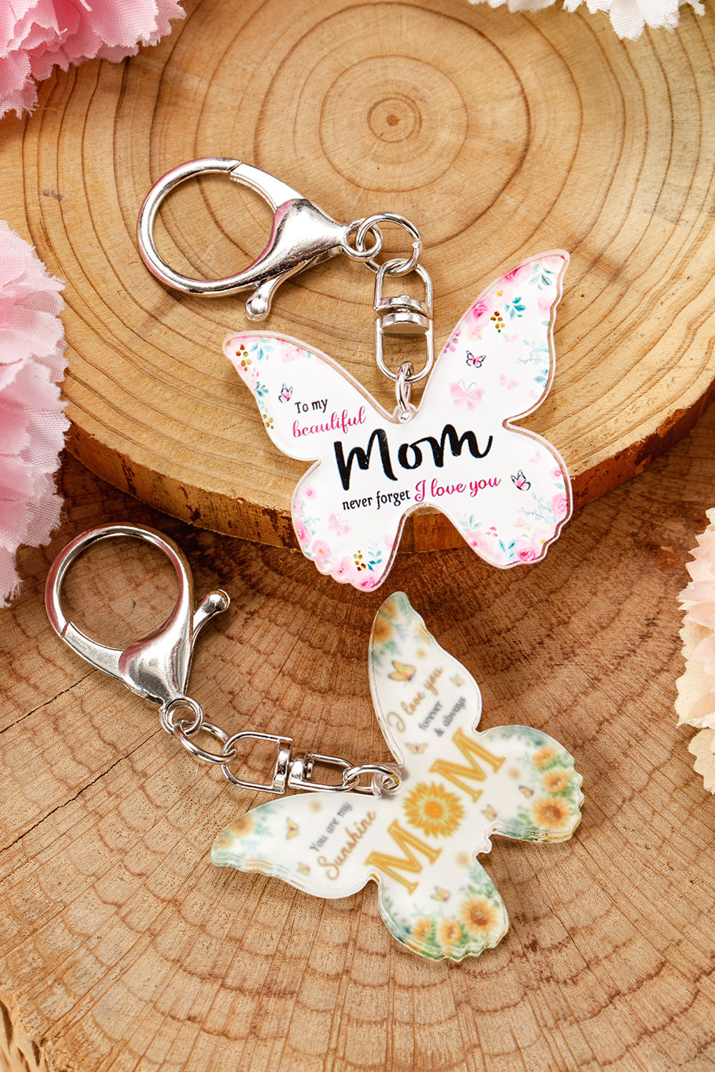 Yellow MOM butterfly shape acrylic keychain with bold font and durable design
