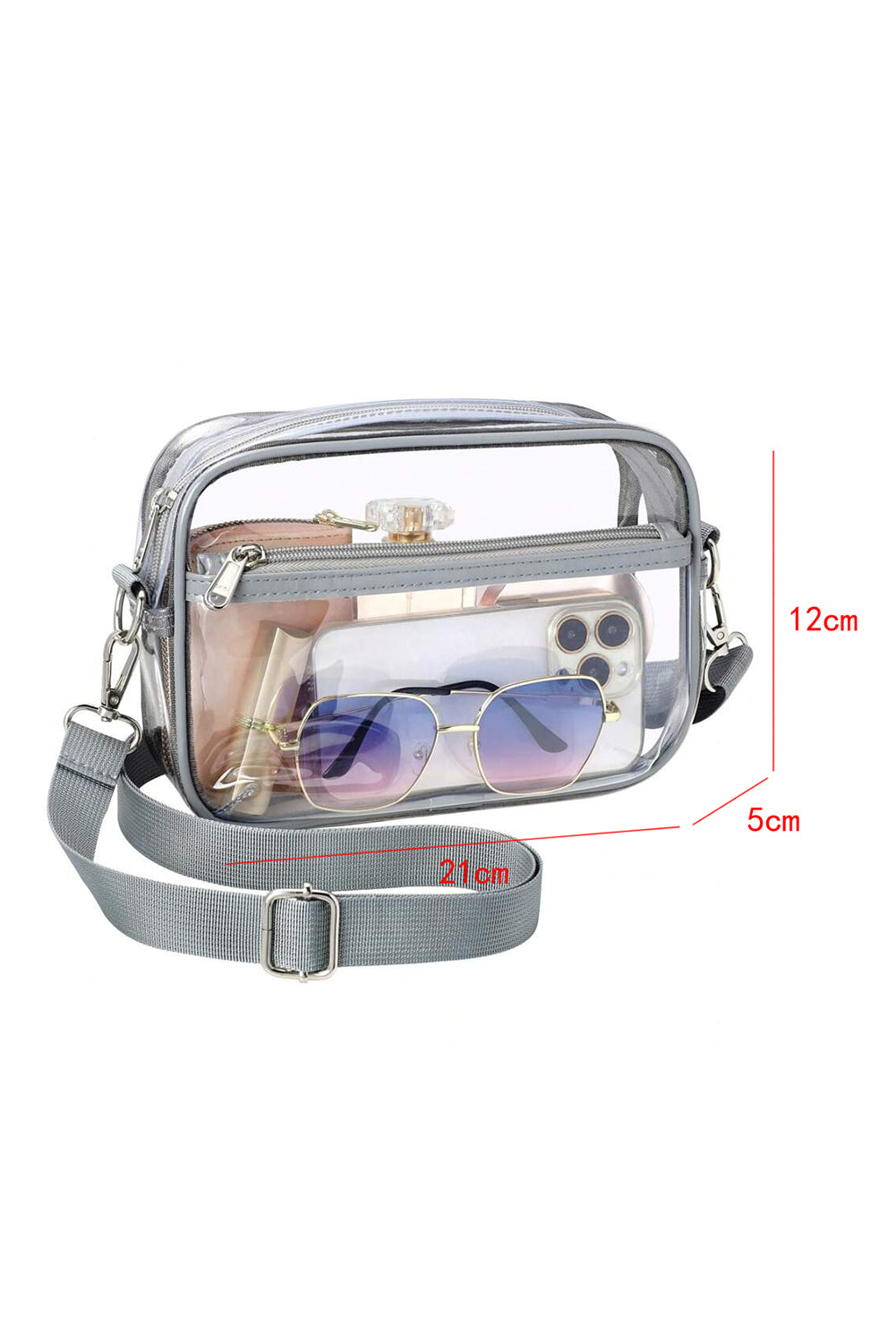 Gray multi-pocket clear shoulder bag with contrast edges and detachable strap
