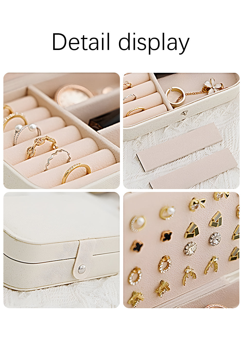 White multi layers lint-lined buttoned closure portable jewelry organizer with multiple sections