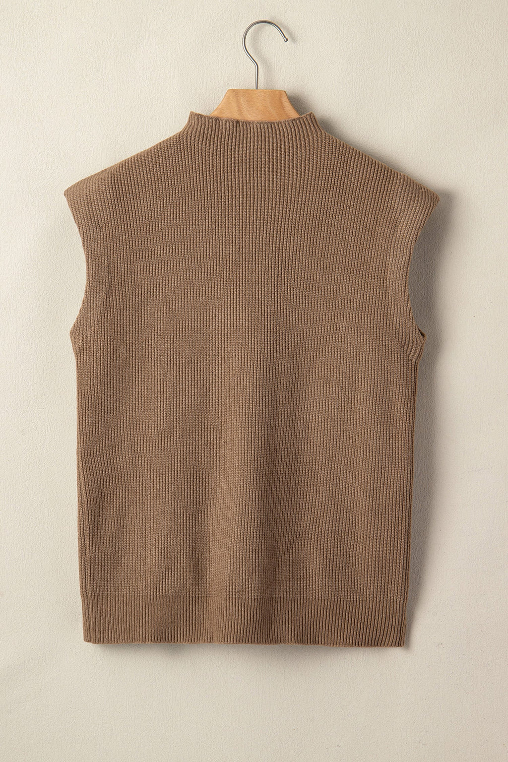 Light French Beige ribbed knit sleeveless mock neck sweater vest with loose fit and high elasticity