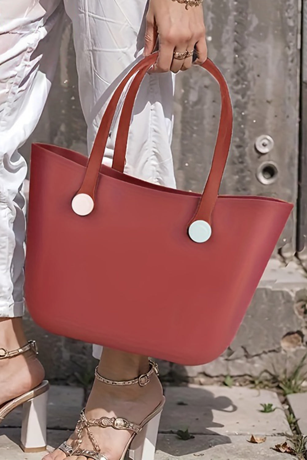 Fiery red waterproof EVA tote bag with detachable straps and spacious design