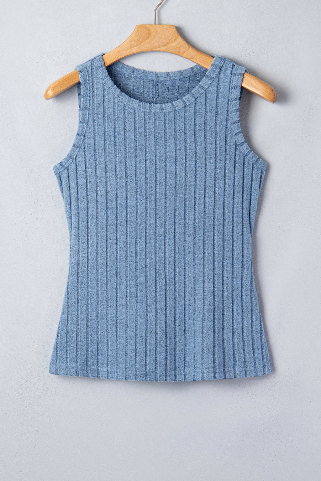 Beau Blue slim ribbed mineral wash tank top with stretchy breathable fabric and round neck design