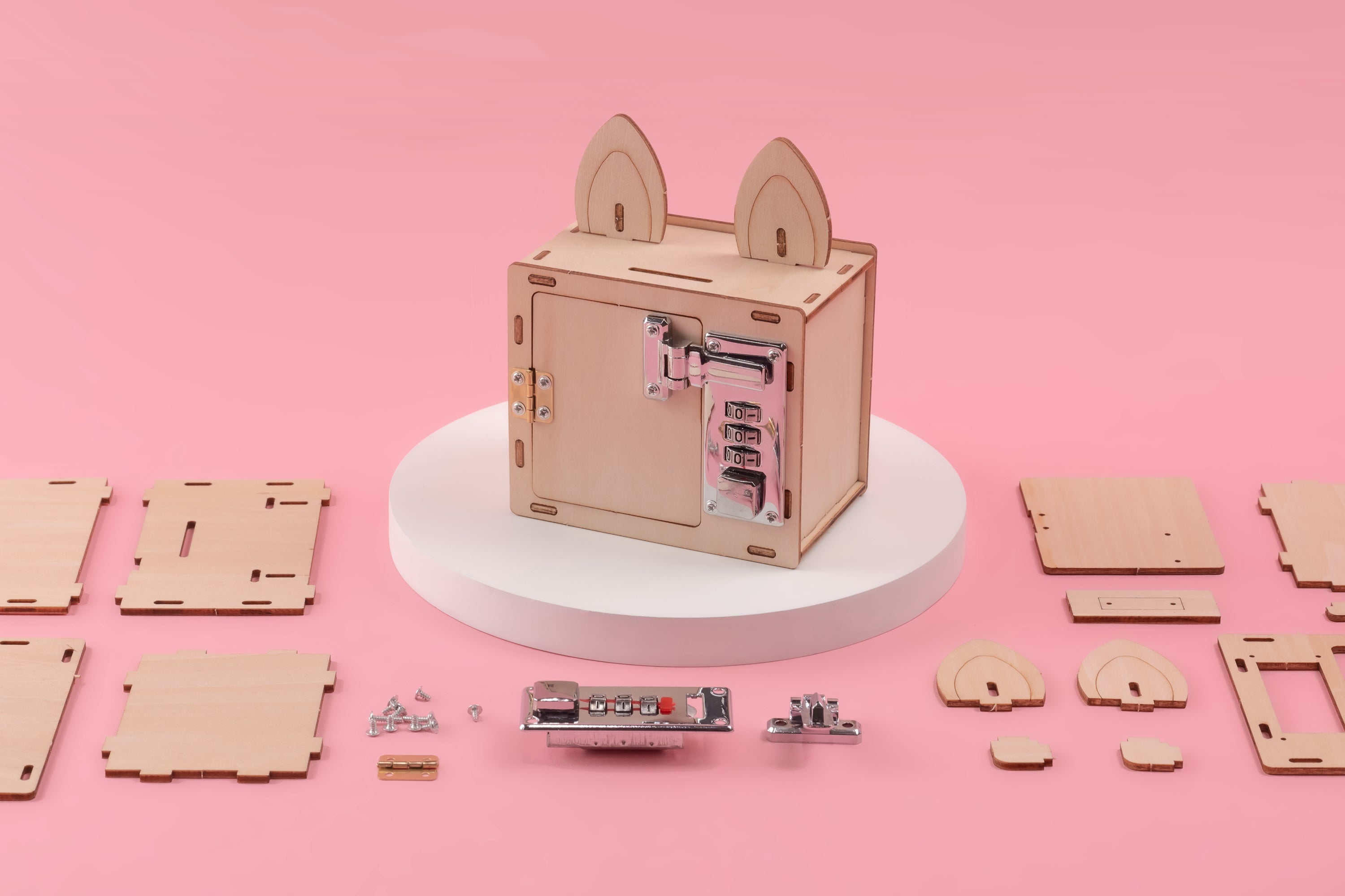 Combination lock box DIY kit for kids educational STEM toy showing lock and phone holder components