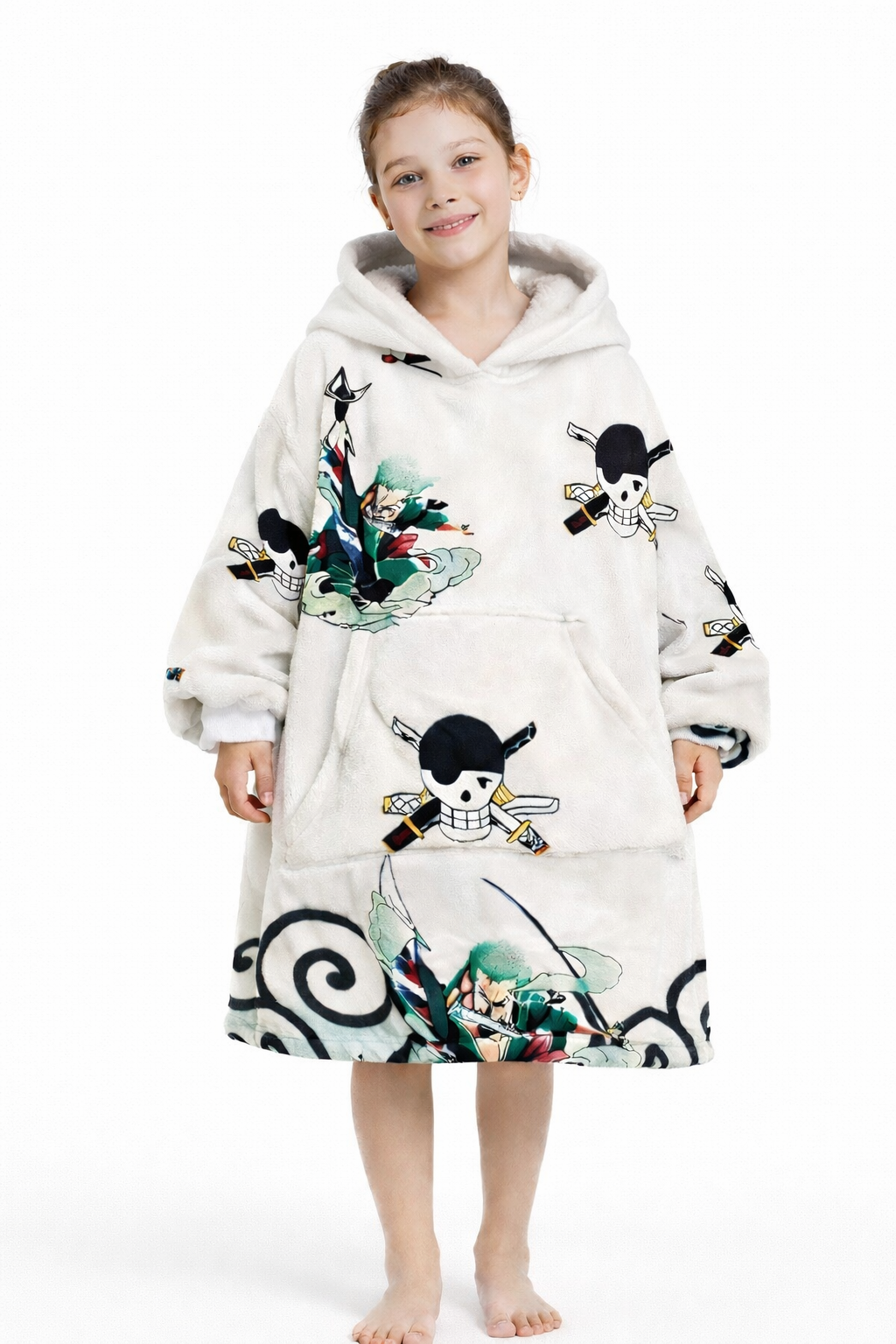 Zoro One Piece wearable sherpa blanket hoodie for kids and adults, oversized and plush