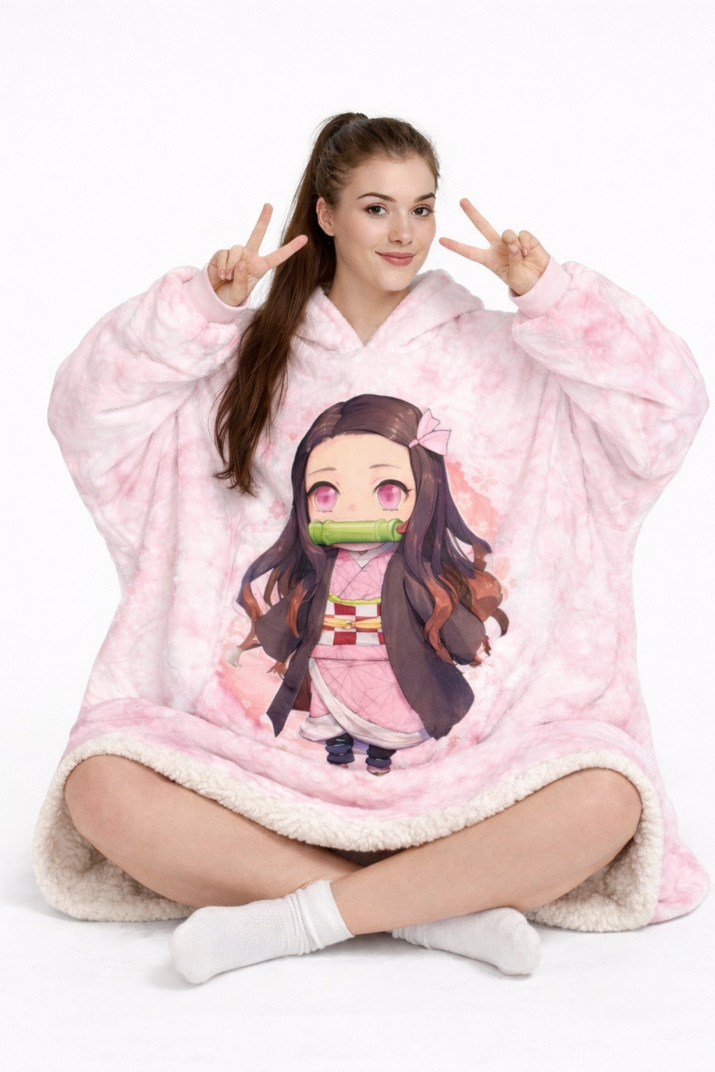 Nezuko Kamado wearable blanket hoodie in oversized sherpa for cozy Demon Slayer anime fans