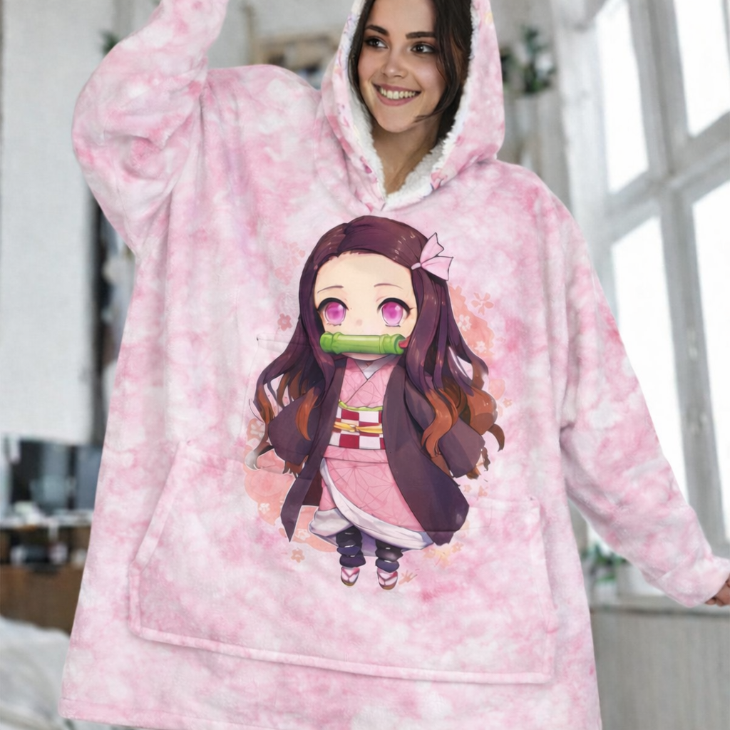 Nezuko Kamado wearable blanket hoodie in soft oversized Sherpa for kids and adults inspired by Demon Slayer