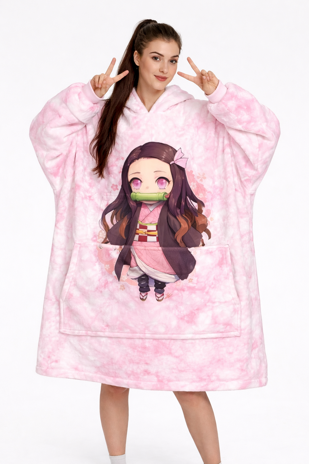 Nezuko Kamado wearable blanket hoodie oversized Sherpa for kids and adults cozy Demon Slayer anime fan apparel