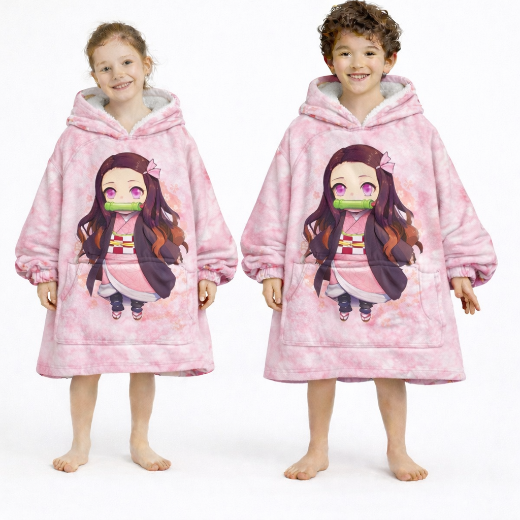Nezuko Kamado wearable blanket hoodie in soft oversized Sherpa for kids and adults inspired by Demon Slayer anime