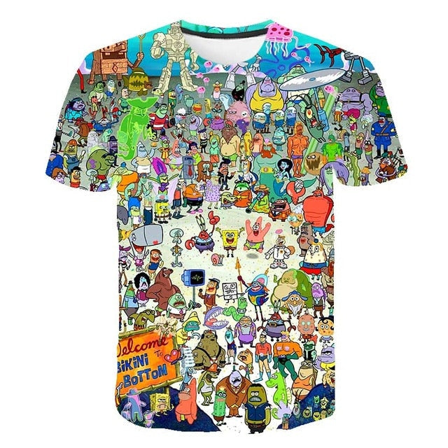 Spongebob Squarepants casual men's 3D printed short sleeve O-neck t-shirt polyester batik fabric