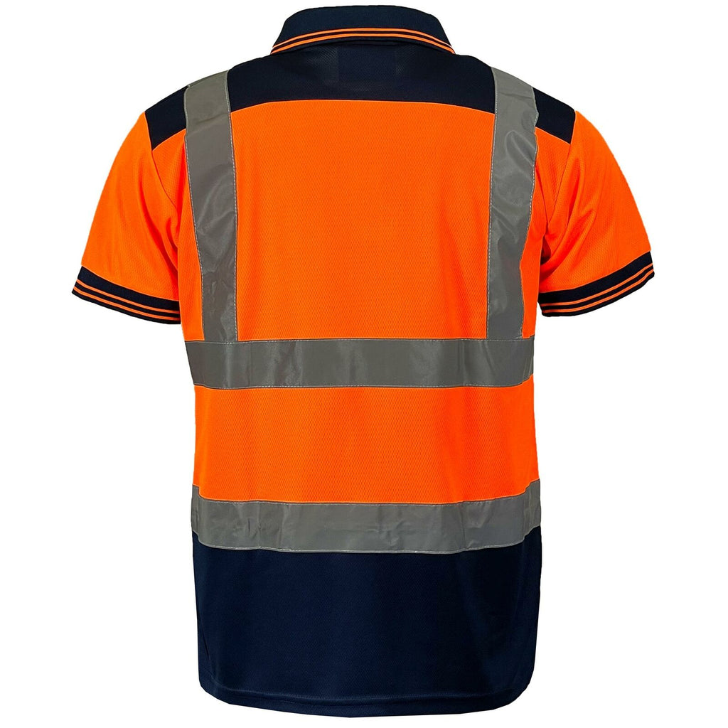 Mens Hi Vis Visibility short sleeved polo shirt in orange and navy with reflective tape and railway safety certification